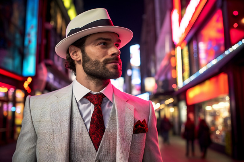 Trendy man enjoying the vibrant nightlife of a metropolitan city Trendy man enjoying the vibrant nightlife of a metropolitan city
