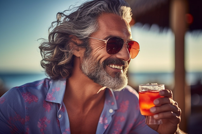 Stylish man enjoying a tropical drink at a beachfront bar Stylish man enjoying a tropical drink at a beachfront bar