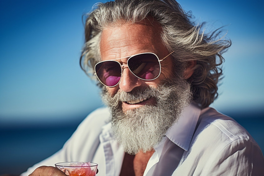 Stylish man enjoying a tropical drink at a beachfront bar Stylish man enjoying a tropical drink at a beachfront bar