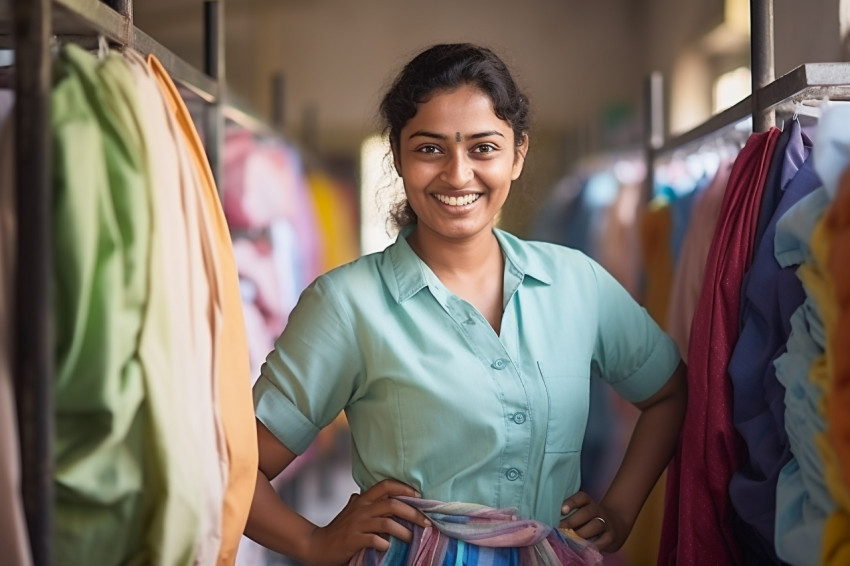 Indian woman laundry worker smiling at work Indian woman laundry worker smiling at work