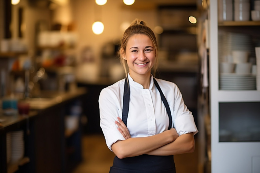 Smiling waitress working in blurred restaurant Smiling waitress working in blurred restaurant