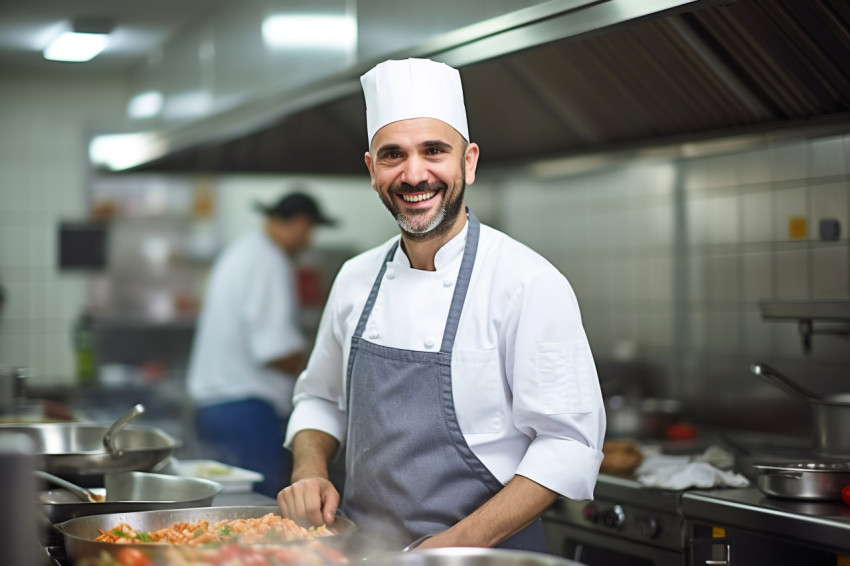 Smiling chef cooking at work in blurred kitchen Smiling chef cooking at work in blurred kitchen