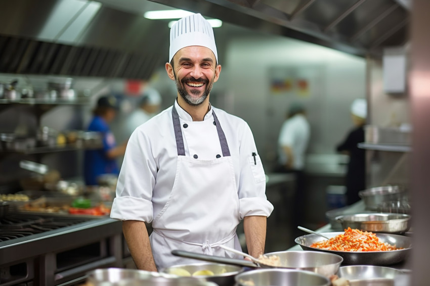 Smiling chef cooking at work in blurred kitchen Smiling chef cooking at work in blurred kitchen
