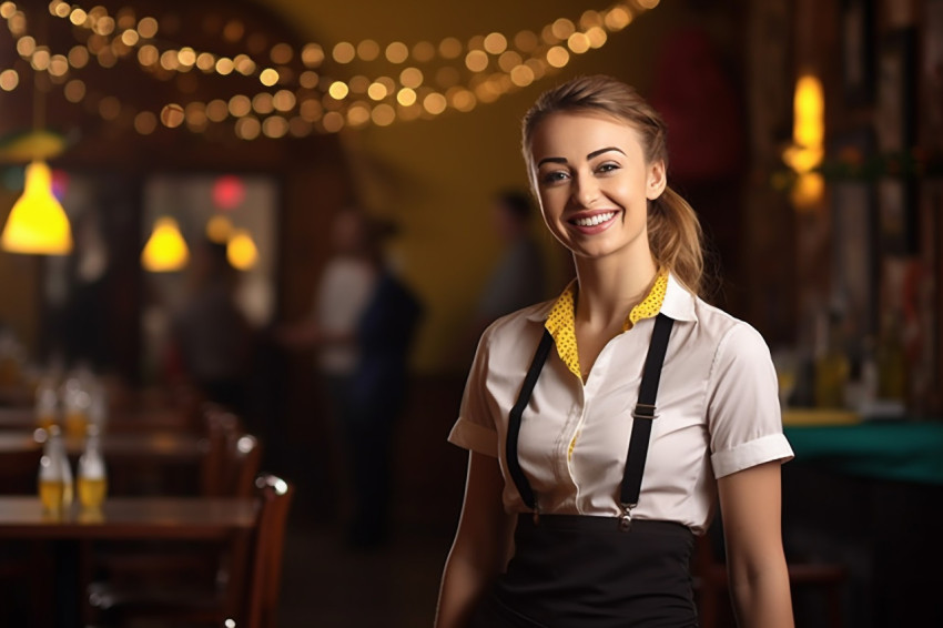 Smiling waitress working in blurred restaurant Smiling waitress working in blurred restaurant
