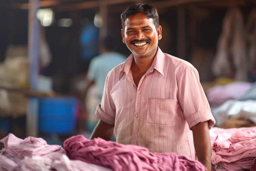 Friendly Indian laundry worker smiling at work Friendly Indian laundry worker smiling at work