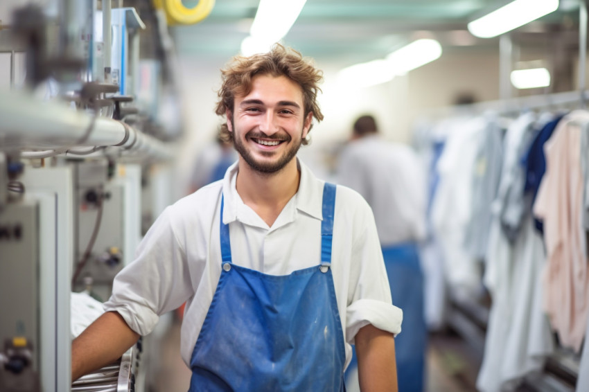 Smiling laundry worker on blurred background Smiling laundry worker on blurred background