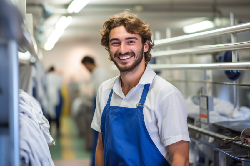 Smiling laundry worker on blurred background Smiling laundry worker on blurred background