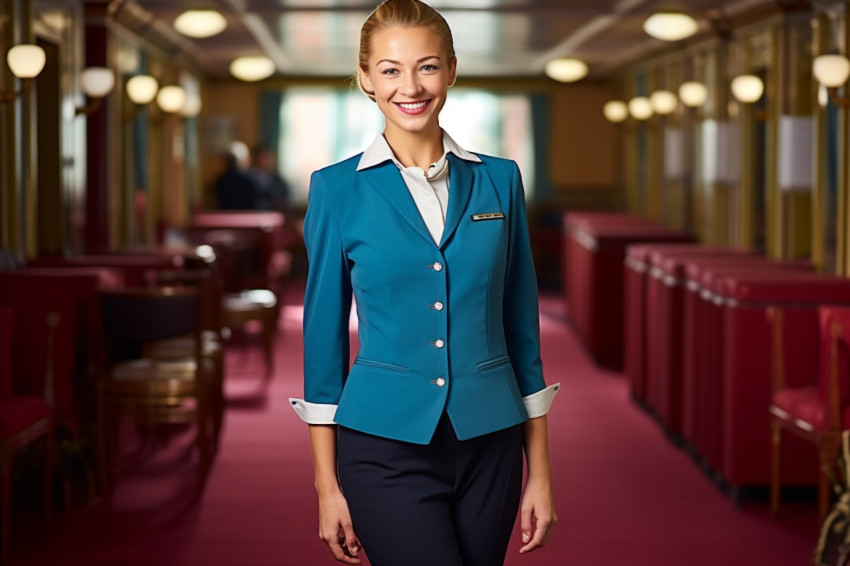 Woman bellhop smiles at work Woman bellhop smiles at work