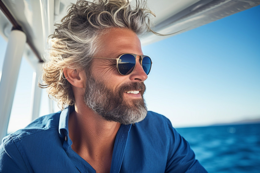 Man on yacht in the blue ocean Man on yacht in the blue ocean