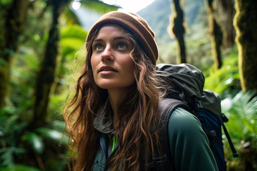 Lady hiking New Zealand forest trails Lady hiking New Zealand forest trails