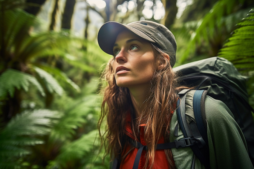 Lady hiking New Zealand forest trails Lady hiking New Zealand forest trails