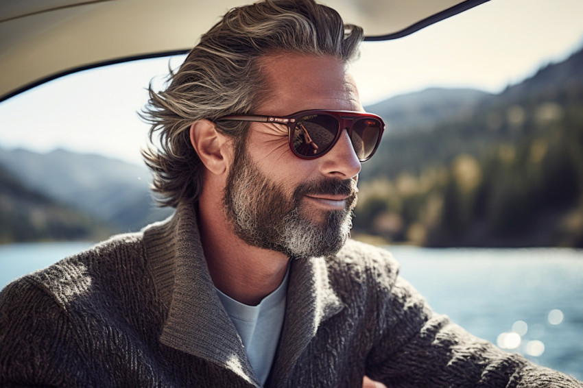Man on boat ride on serene lake Man on boat ride on serene lake