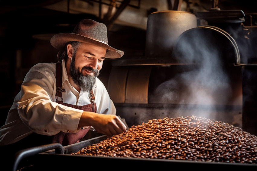 Skilled barista perfectly roasting coffee beans Skilled barista perfectly roasting coffee beans