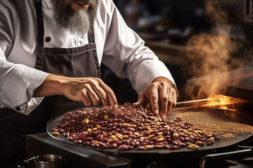 Skilled barista perfectly roasting coffee beans Skilled barista perfectly roasting coffee beans