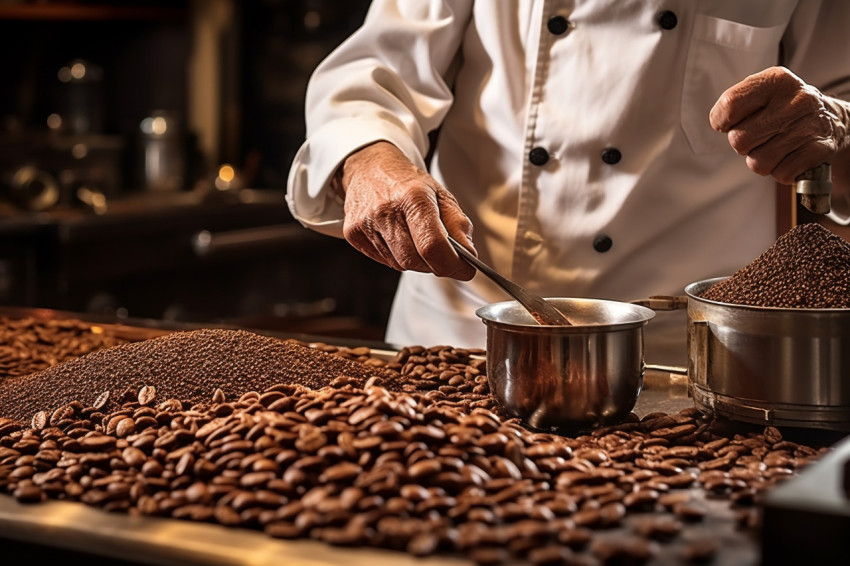Skilled barista perfectly roasting coffee beans Skilled barista perfectly roasting coffee beans