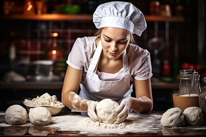 Skilled chef prepares bread dough with a smile Skilled chef prepares bread dough with a smile