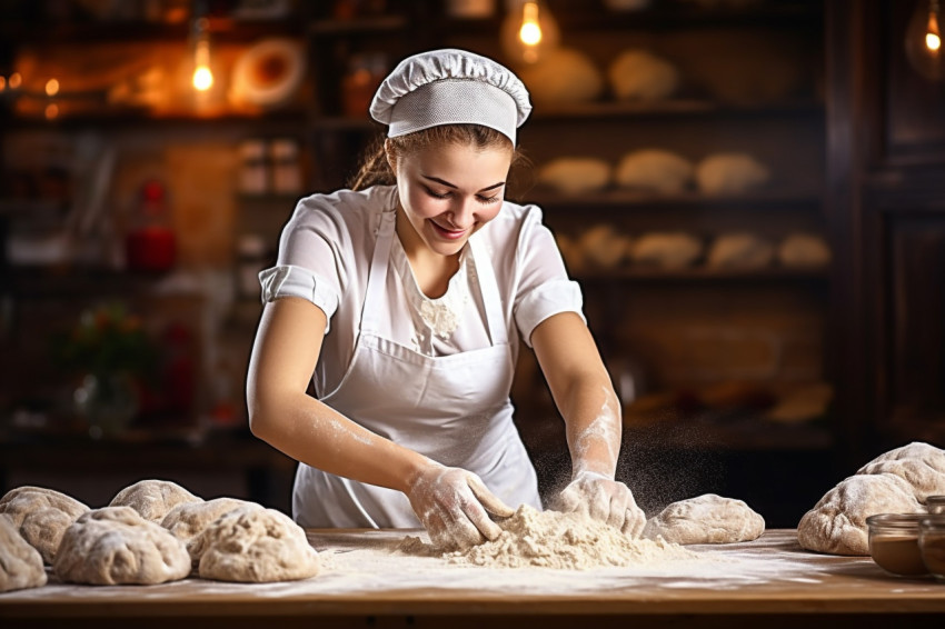 Skilled chef prepares bread dough with a smile Skilled chef prepares bread dough with a smile