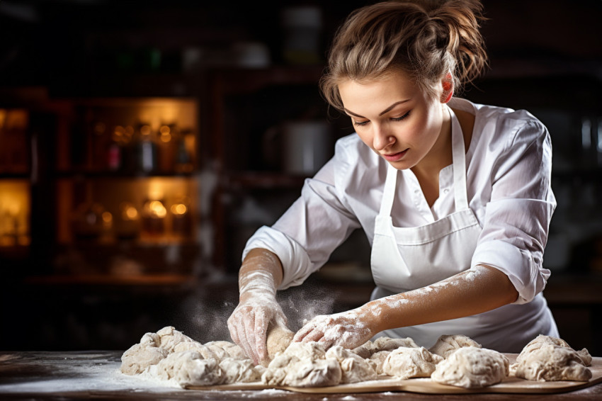 Skilled chef prepares bread dough with a smile Skilled chef prepares bread dough with a smile