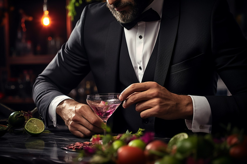 Stylish bartender expertly decorates a mixed drink Stylish bartender expertly decorates a mixed drink