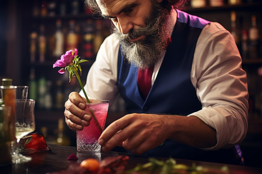 Stylish bartender expertly decorates a mixed drink Stylish bartender expertly decorates a mixed drink