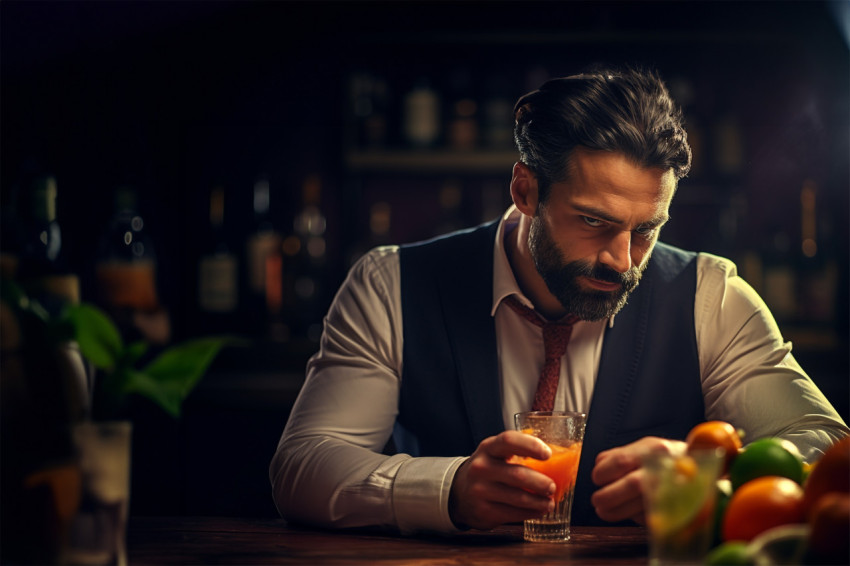 Skilled bartender adding a citrus twist to enhance a cocktails flavor Skilled bartender adding a citrus twist to enhance a cocktails flavor