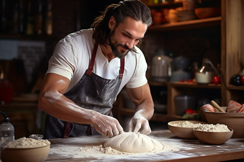Skilled baker prepares homemade artisan bread Skilled baker prepares homemade artisan bread