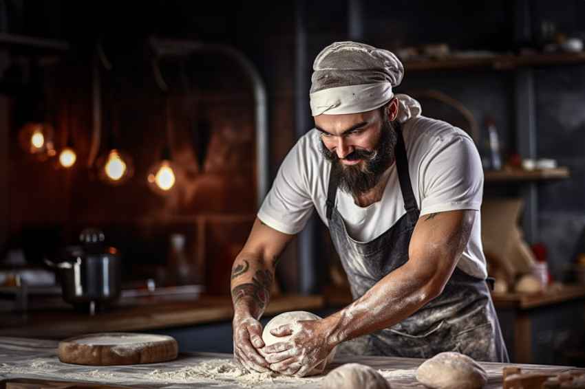 Skilled baker prepares homemade artisan bread Skilled baker prepares homemade artisan bread