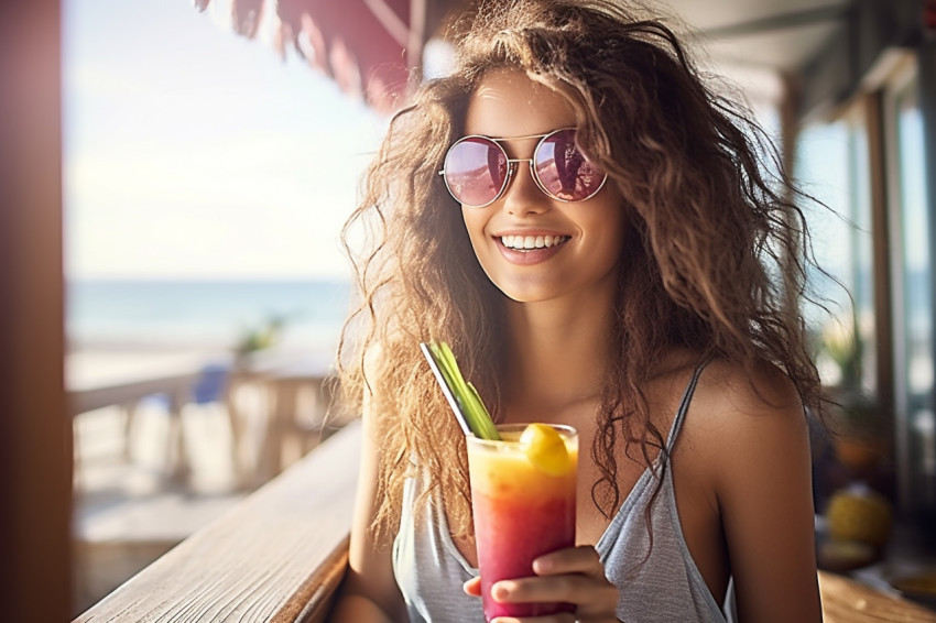 Happy woman enjoys a refreshing fruit smoothie at a seaside cafe Happy woman enjoys a refreshing fruit smoothie at a seaside cafe