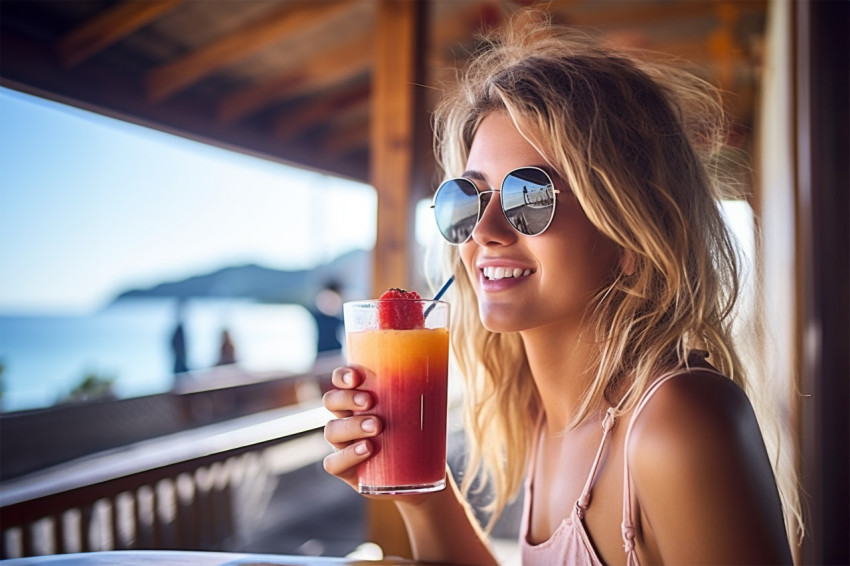 Happy woman enjoys a refreshing fruit smoothie at a seaside cafe Happy woman enjoys a refreshing fruit smoothie at a seaside cafe