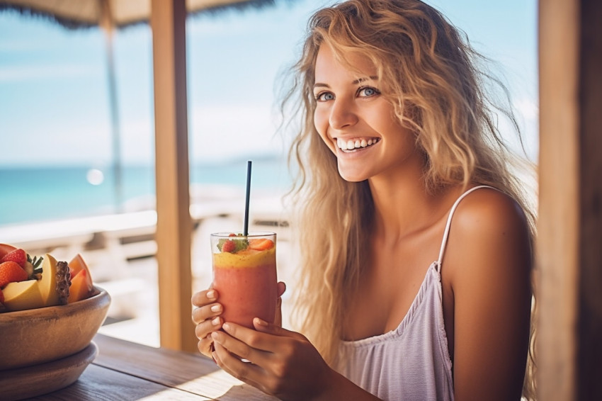 Happy woman enjoys a refreshing fruit smoothie at a seaside cafe Happy woman enjoys a refreshing fruit smoothie at a seaside cafe