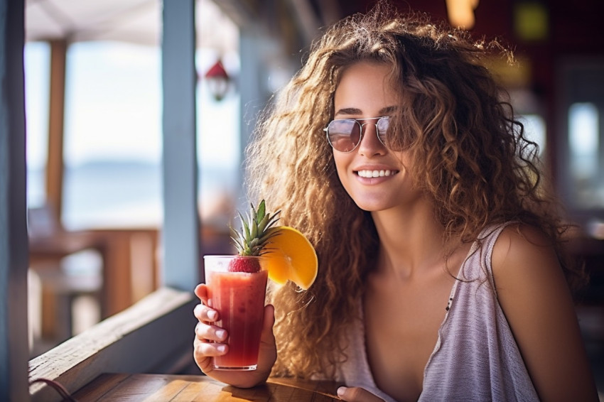 Happy woman enjoys a refreshing fruit smoothie at a seaside cafe Happy woman enjoys a refreshing fruit smoothie at a seaside cafe