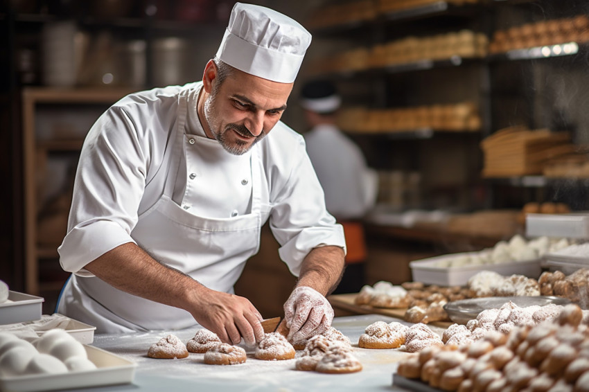 Skilled male pastry chef crafting desserts against a blured background Skilled male pastry chef crafting desserts against a blured background