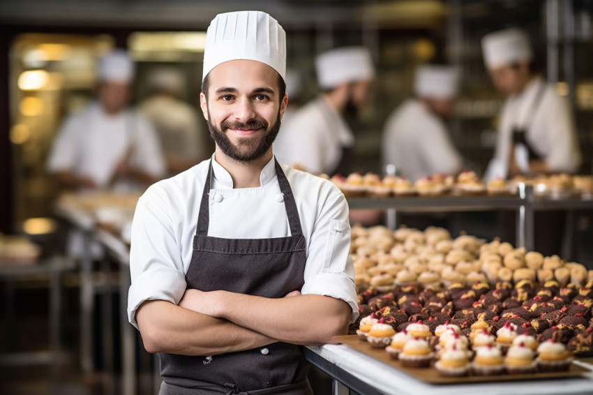 Skilled male pastry chef crafting desserts against a blured background Skilled male pastry chef crafting desserts against a blured background
