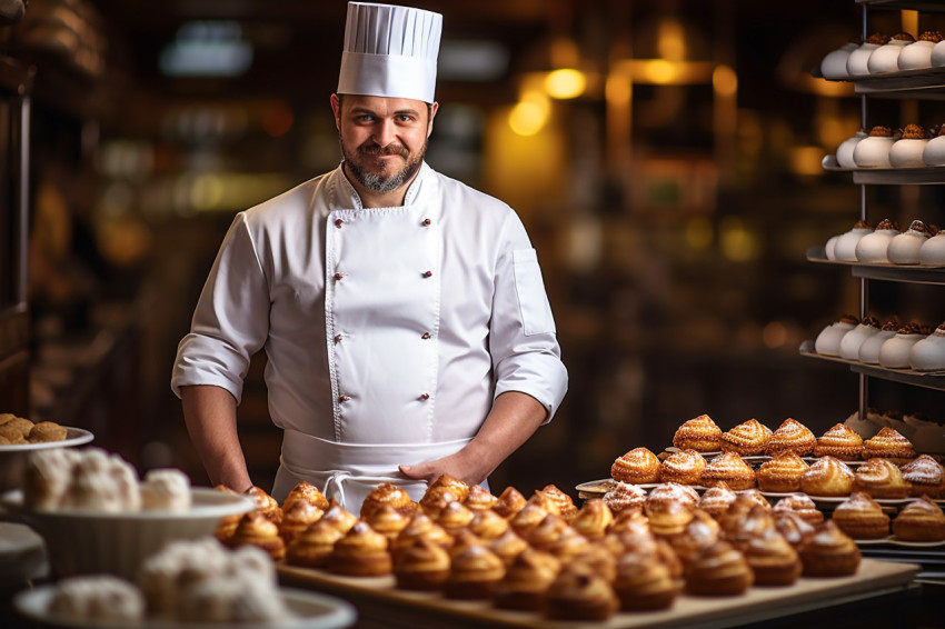 Skilled male pastry chef crafting desserts against a blured background Skilled male pastry chef crafting desserts against a blured background