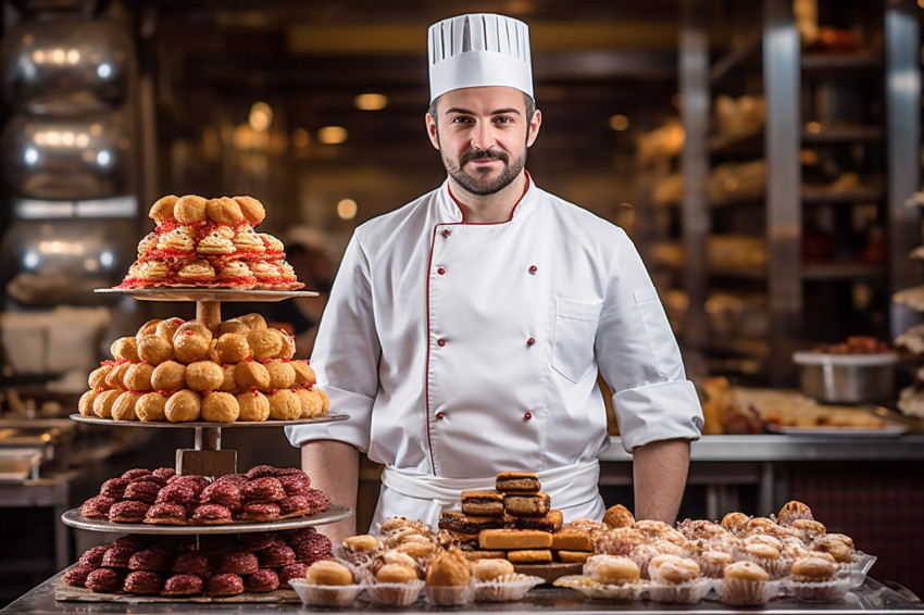 Skilled male pastry chef crafting desserts against a blured background Skilled male pastry chef crafting desserts against a blured background
