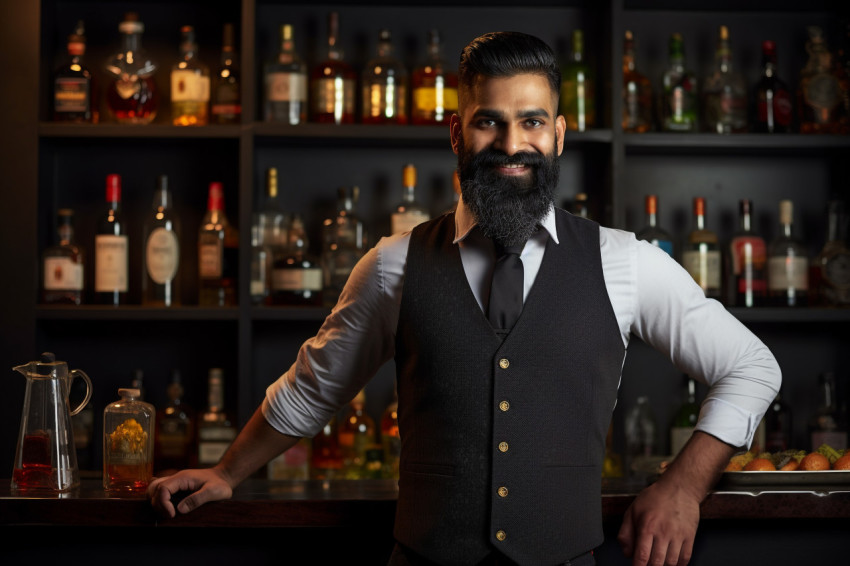 Skilled Indian bartender mixing drinks with a smile a blurred background