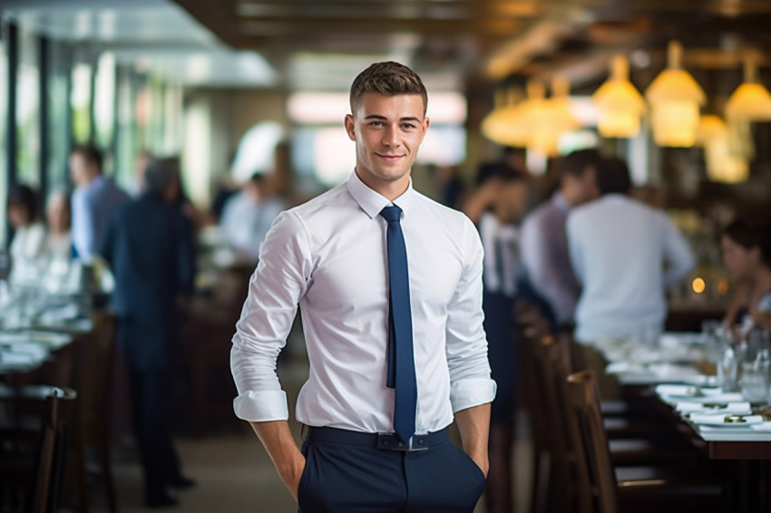 Assured restaurant manager overseeing operations in a bustling environment a blurred background Assured restaurant manager overseeing operations in a bustling environment a blurred background