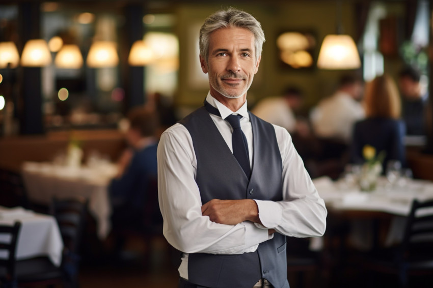 Assured restaurant manager overseeing operations in a bustling environment a blurred background Assured restaurant manager overseeing operations in a bustling environment a blurred background