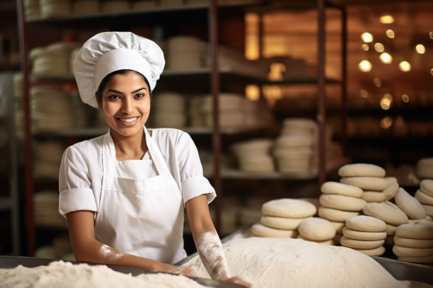 Skilled Indian woman baker kneads dough in her kitchen a blurred background Skilled Indian woman baker kneads dough in her kitchen a blurred background