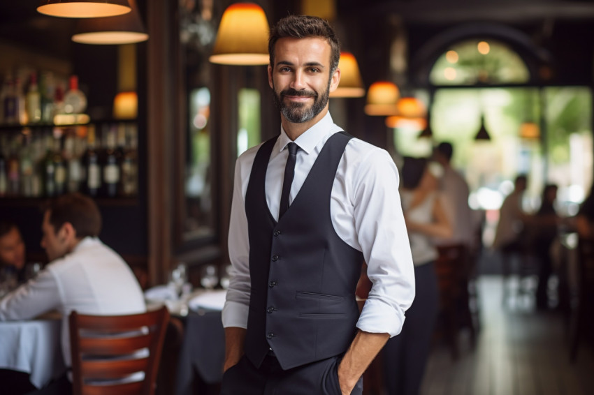 Assured restaurant manager overseeing operations in a bustling environment a blurred background Assured restaurant manager overseeing operations in a bustling environment a blurred background