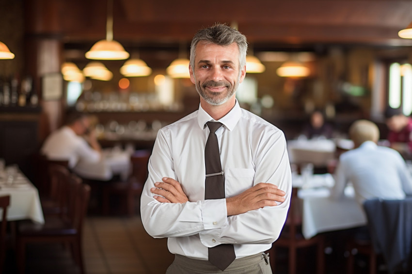 Assured restaurant manager overseeing operations in a bustling environment a blurred background Assured restaurant manager overseeing operations in a bustling environment a blurred background