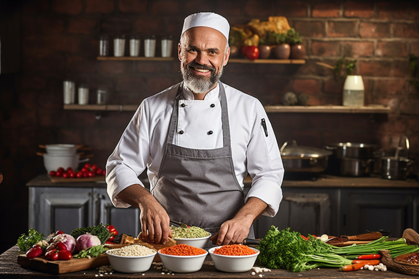 Skilled chef masterfully prepares a culinary masterpiece a blurred background Skilled chef masterfully prepares a culinary masterpiece a blurred background