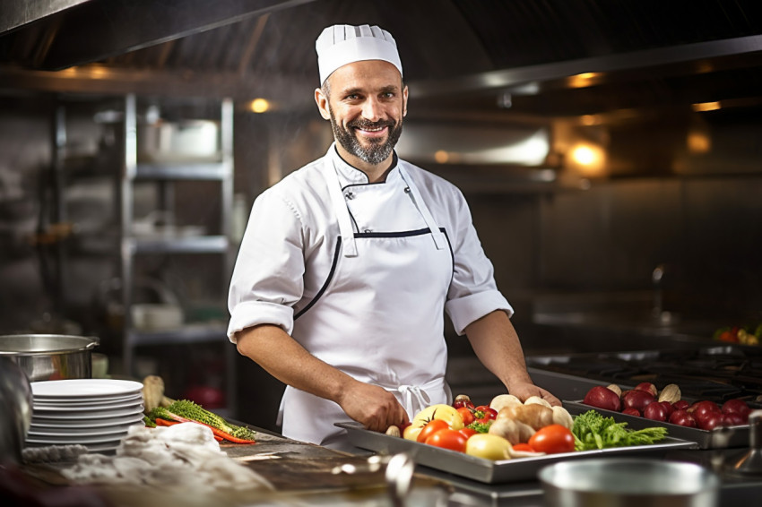 Skilled chef masterfully prepares a culinary masterpiece a blurred background Skilled chef masterfully prepares a culinary masterpiece a blurred background