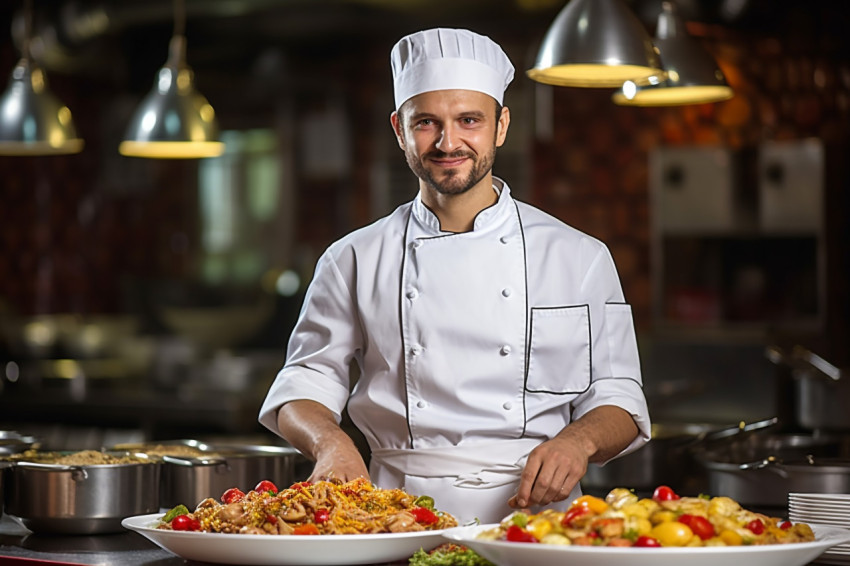 Skilled chef masterfully prepares a culinary masterpiece a blurred background Skilled chef masterfully prepares a culinary masterpiece a blurred background