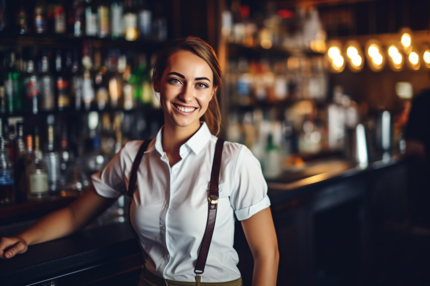 Cheerful female bartender mixing drinks against a blurred background Cheerful female bartender mixing drinks against a blurred background