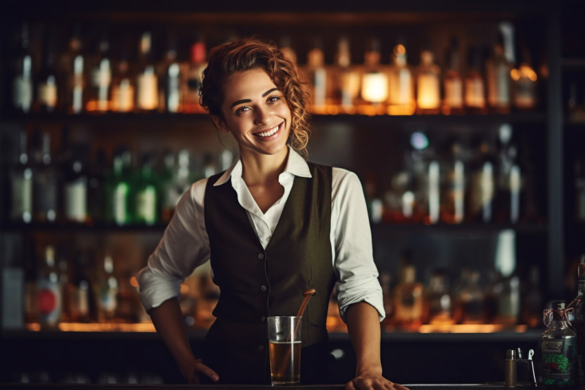 Cheerful female bartender mixing drinks against a blurred background Cheerful female bartender mixing drinks against a blurred background