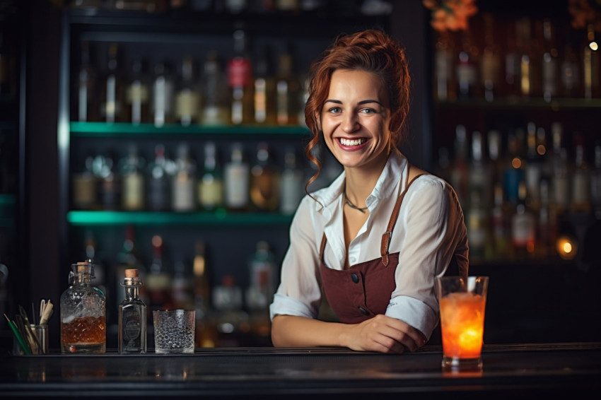Cheerful female bartender mixing drinks against a blurred background Cheerful female bartender mixing drinks against a blurred background