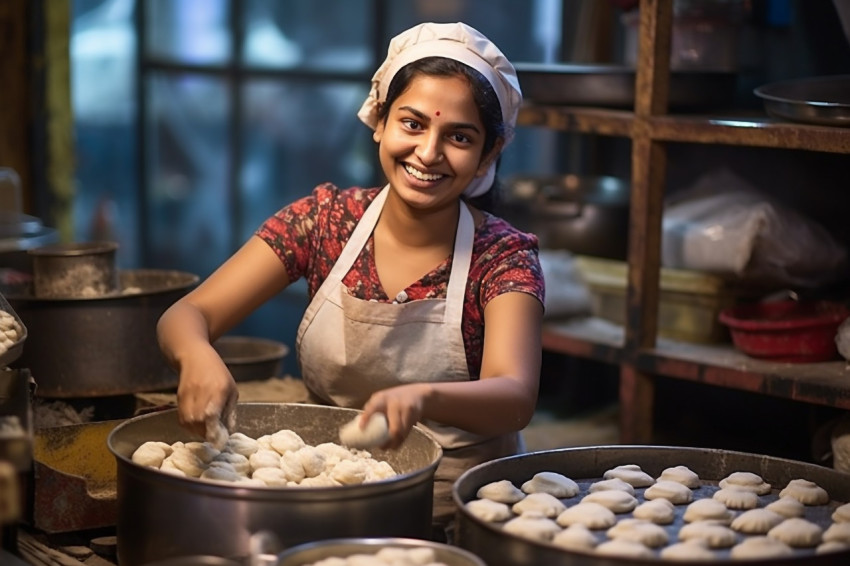 Happy Indian woman baking bread in kitchen a blurred background
