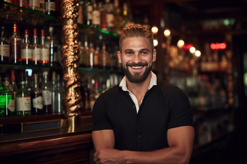Cheerful bar manager greets customers with a warm smile on blurred background Cheerful bar manager greets customers with a warm smile on blurred background
