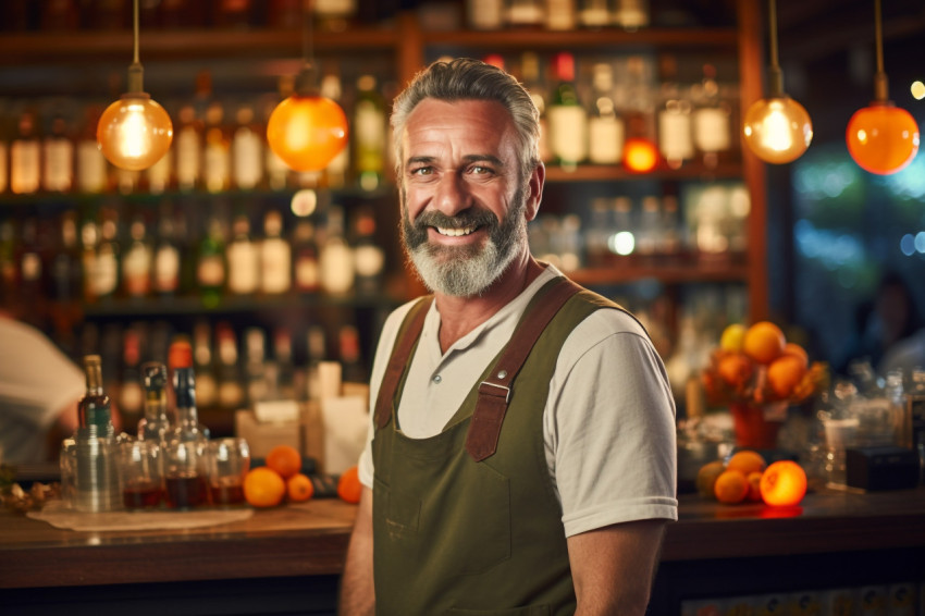 Cheerful bar manager greets customers with a warm smile on blurred background Cheerful bar manager greets customers with a warm smile on blurred background